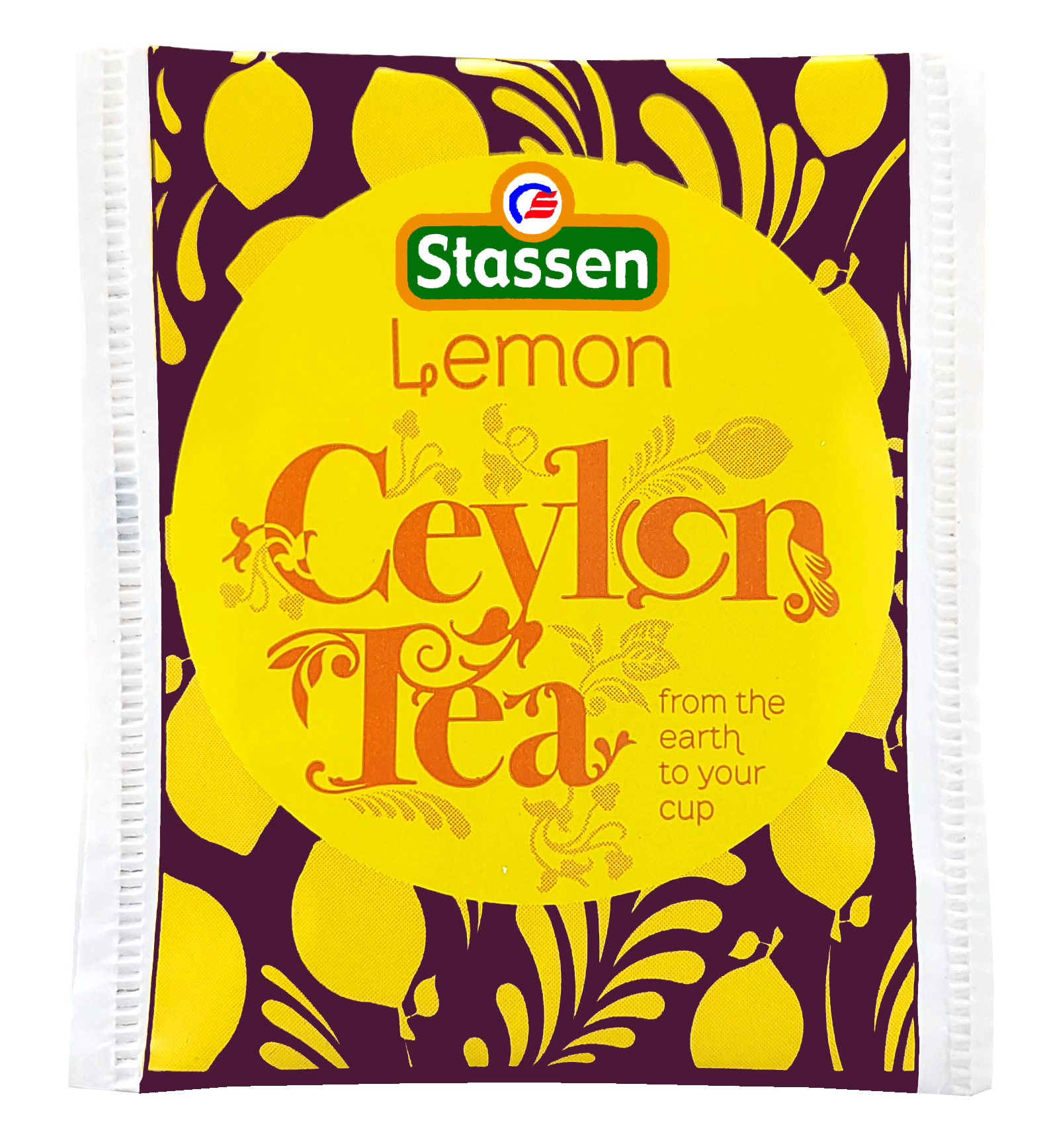 Saszetka herbaty Stassen Lemon Tea w kolorach żółto-fioletowych.