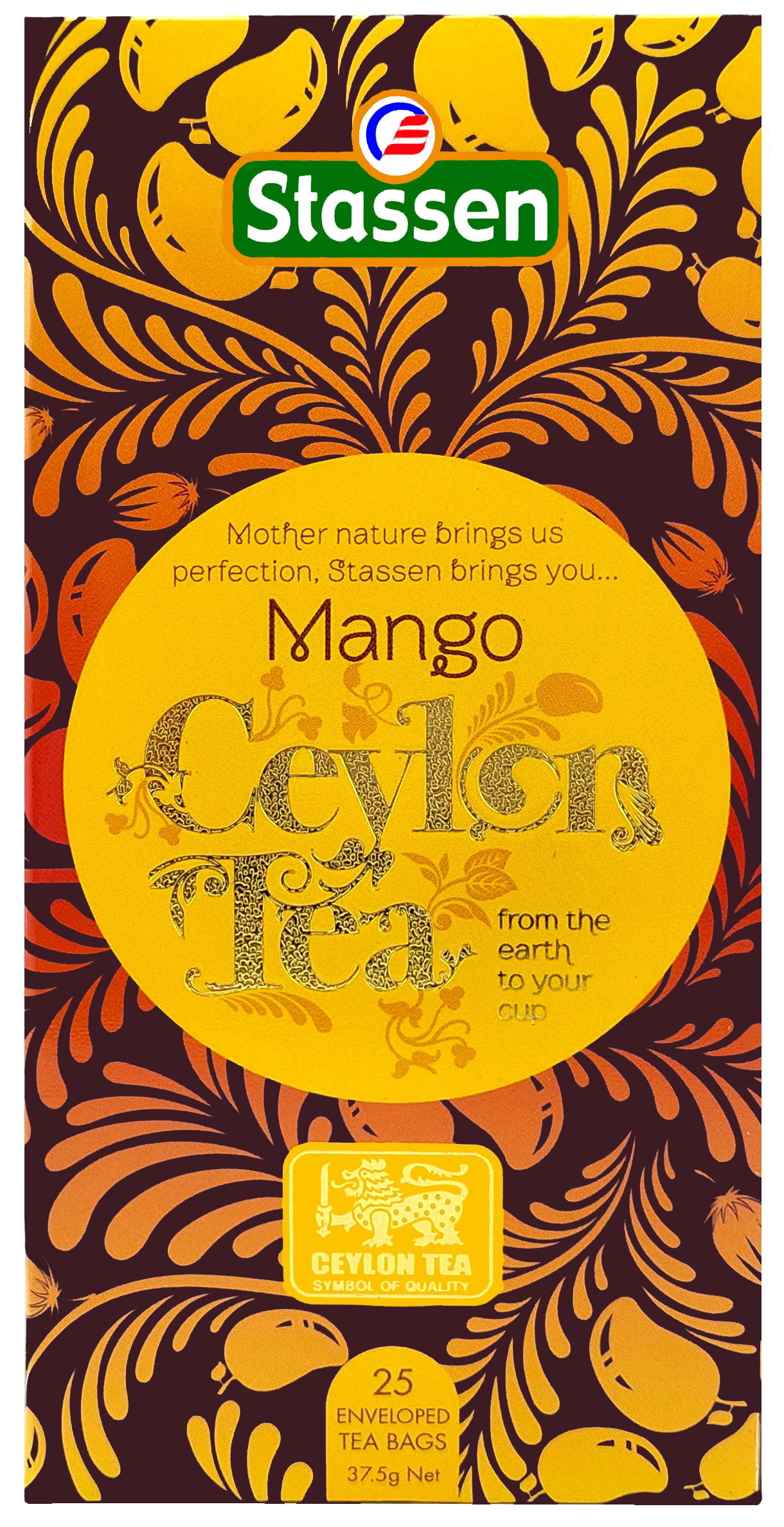 Front opakowania Stassen Ceylon Mango Tea – herbata czarna z nutą mango, 25 kopert.