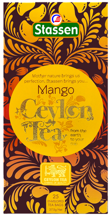 Front opakowania Stassen Ceylon Mango Tea – herbata czarna z nutą mango, 25 kopert.