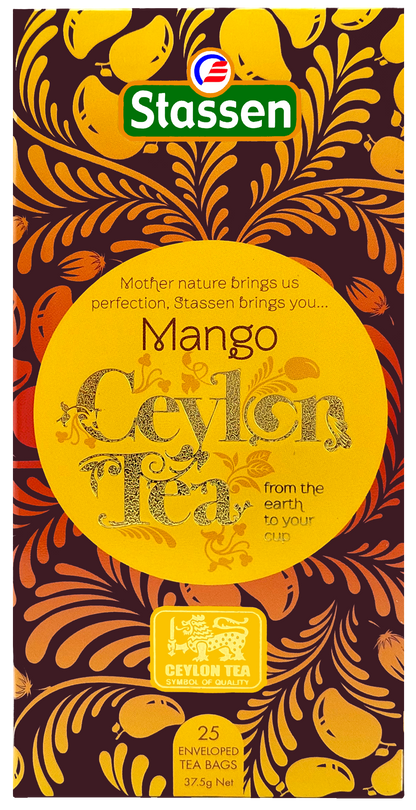 Front opakowania Stassen Ceylon Mango Tea – herbata czarna z nutą mango, 25 kopert.