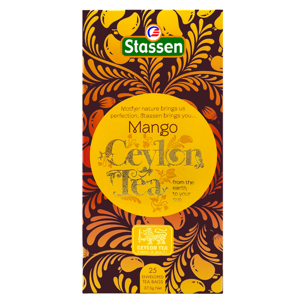 Front opakowania Stassen Ceylon Mango Tea – herbata czarna z nutą mango, 25 kopert.