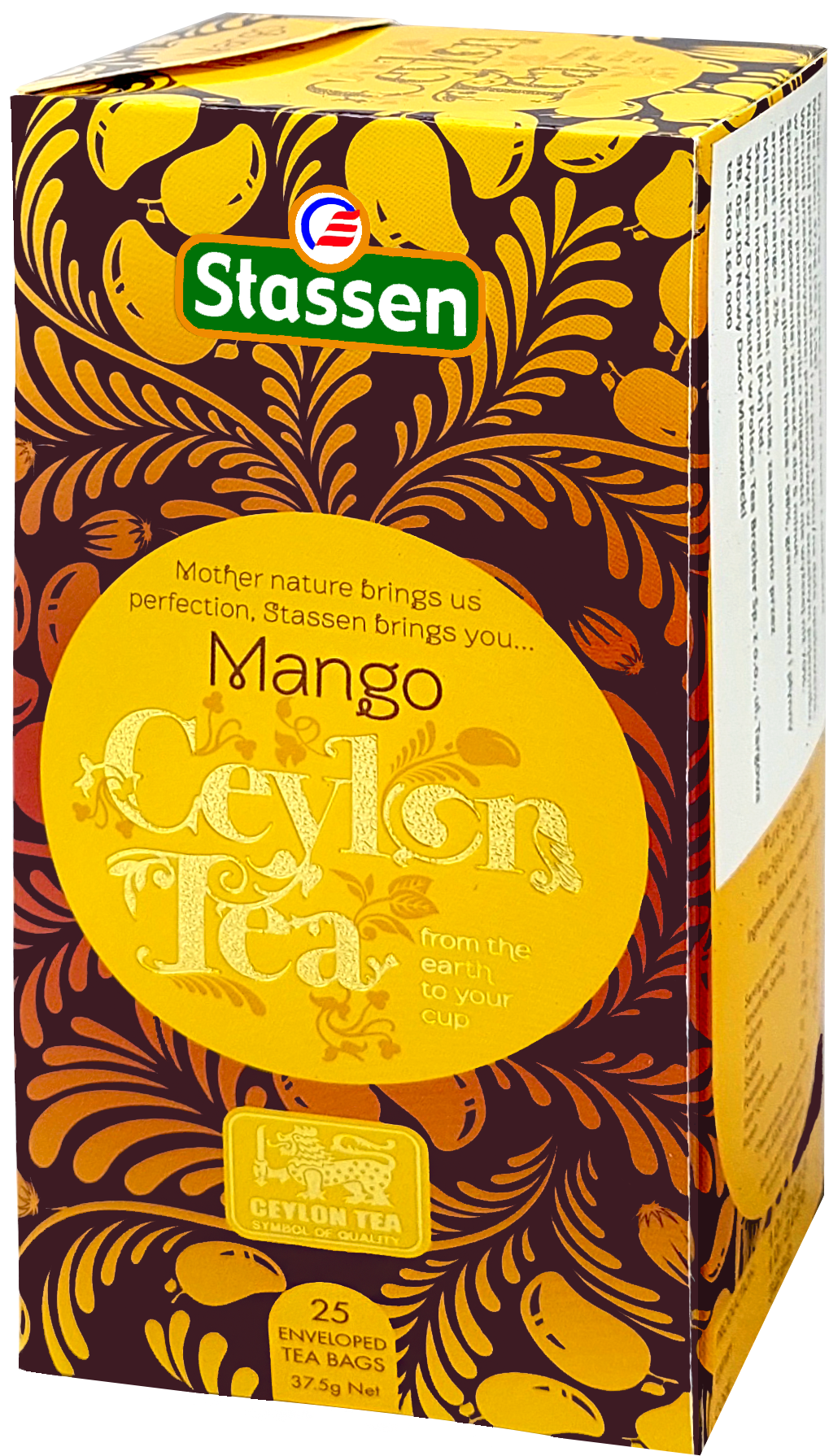 Boczny widok opakowania Stassen Mango Ceylon Tea – herbata czarna aromatyzowana mango.