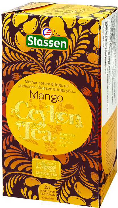 Boczny widok opakowania Stassen Mango Ceylon Tea – herbata czarna aromatyzowana mango.