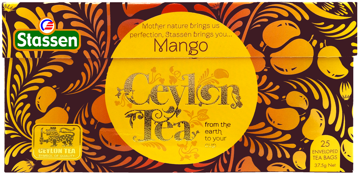 Rozłożone pudełko Stassen Mango Tea – grafika mango, 25 enveloped tea bags.
