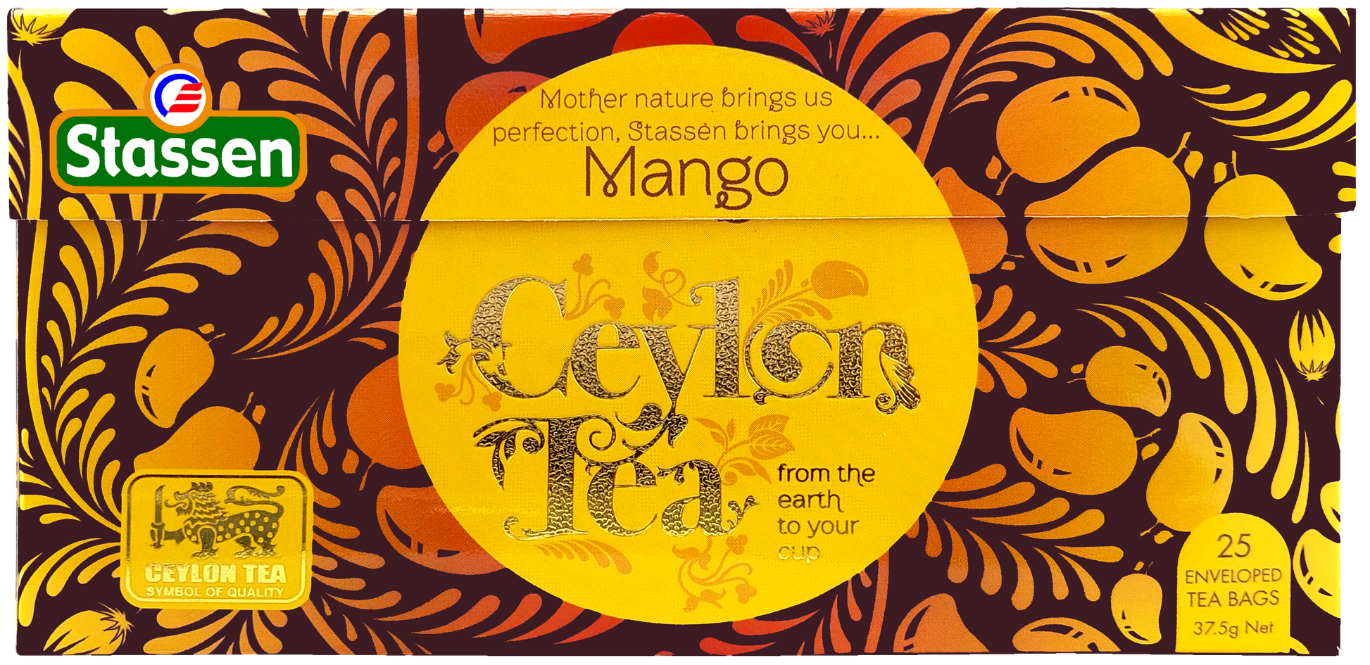 Rozłożone pudełko Stassen Mango Tea – grafika mango, 25 enveloped tea bags.