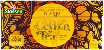 Rozłożone pudełko Stassen Mango Tea – grafika mango, 25 enveloped tea bags.