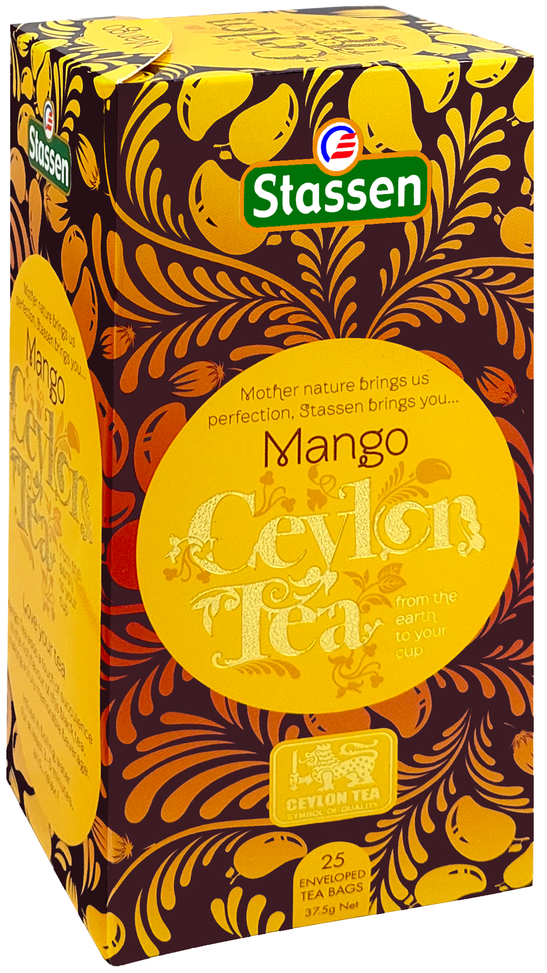 Pudełko pod kątem Stassen Mango Tea – czarna herbata cejlońska w saszetkach.