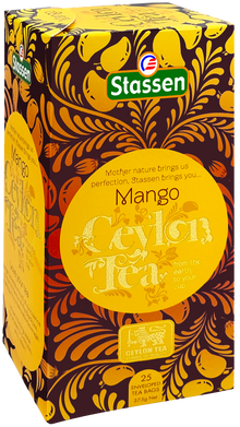 Pudełko pod kątem Stassen Mango Tea – czarna herbata cejlońska w saszetkach.