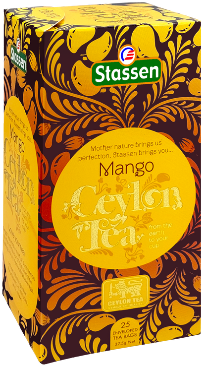 Pudełko pod kątem Stassen Mango Tea – czarna herbata cejlońska w saszetkach.