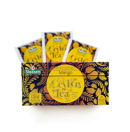 Pudełko z wysuniętymi saszetkami – Stassen Mango Ceylon Tea, 25 kopertowanych saszetek.