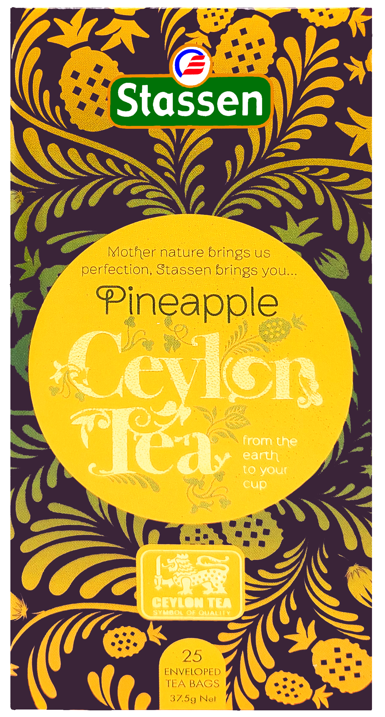 Front opakowania Stassen Pineapple Tea – herbata czarna cejlońska z ananasem w kopertach.