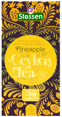 Front opakowania Stassen Pineapple Tea – herbata czarna cejlońska z ananasem w kopertach.