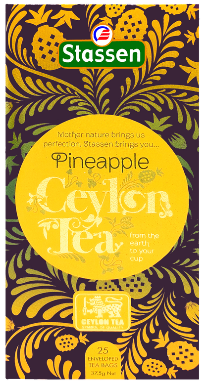 Front opakowania Stassen Pineapple Tea – herbata czarna cejlońska z ananasem w kopertach.