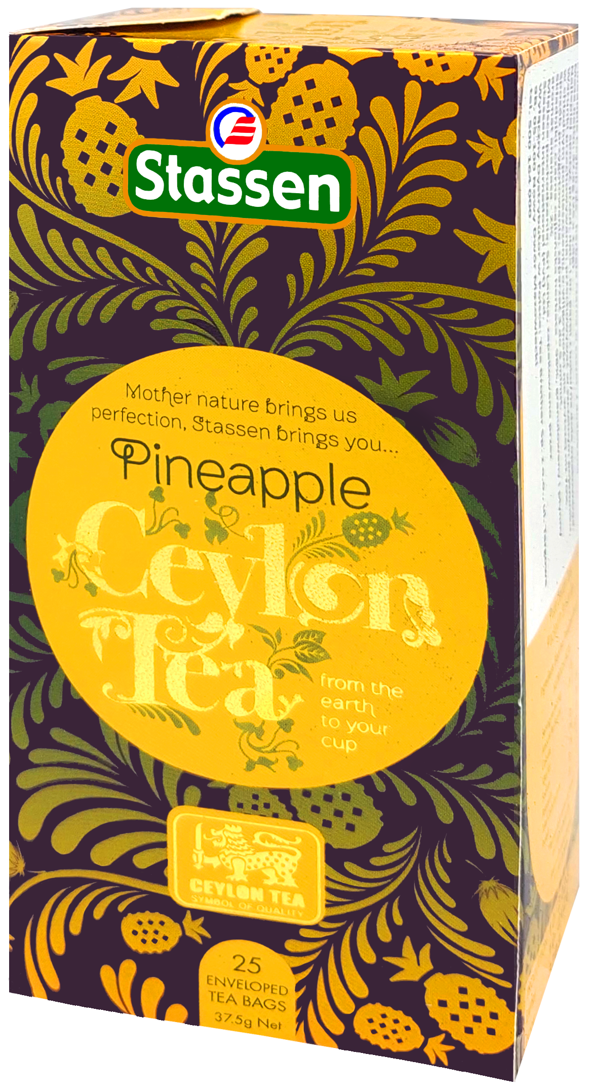 Boczny widok pudełka Stassen Pineapple Tea – herbata czarna aromatyzowana ananasem.