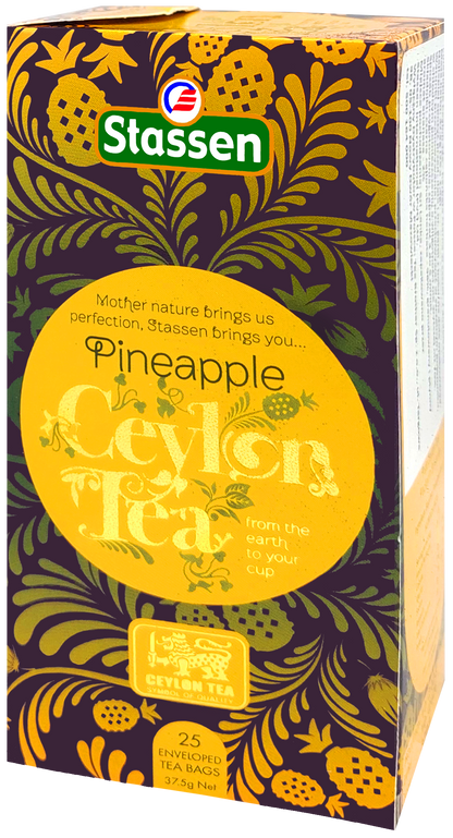 Boczny widok pudełka Stassen Pineapple Tea – herbata czarna aromatyzowana ananasem.