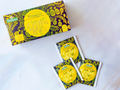 Pudełko i saszetki Stassen Pineapple Tea – herbata cejlońska z egzotycznym ananasem.