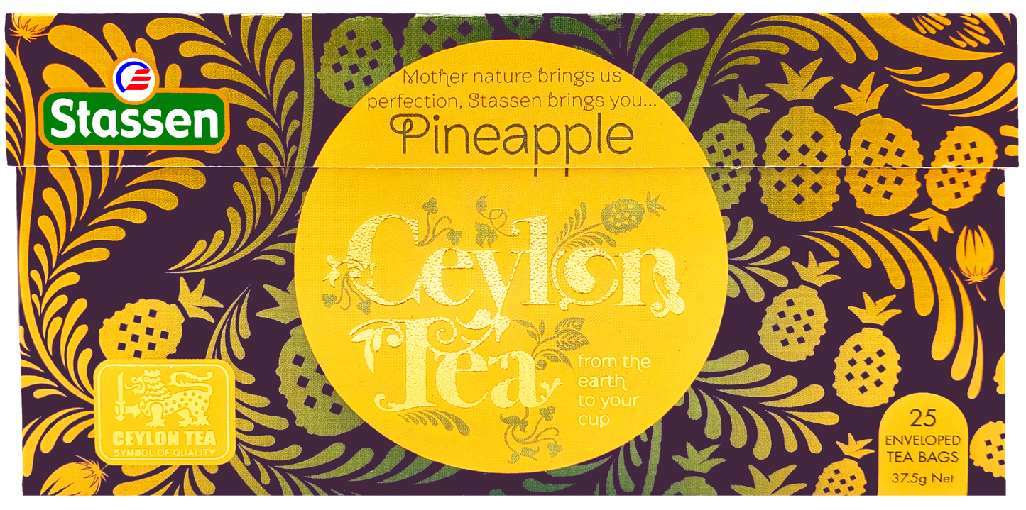 Rozłożone opakowanie Stassen Pineapple Tea – grafika z motywem ananasa, 25 torebek.