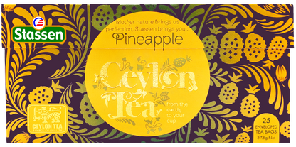 Rozłożone opakowanie Stassen Pineapple Tea – grafika z motywem ananasa, 25 torebek.
