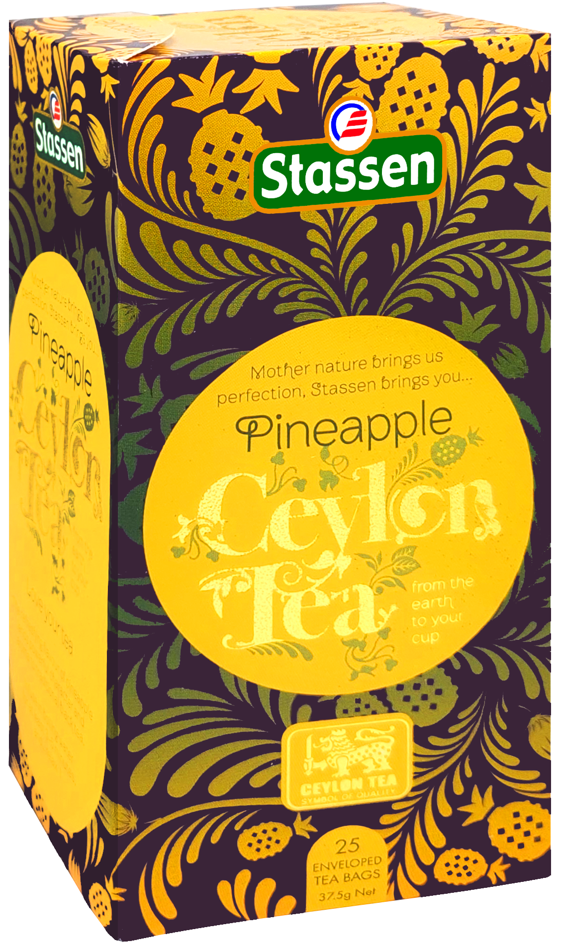 Pudełko pod kątem Stassen Pineapple Ceylon Tea – 25 kopertowanych saszetek.
