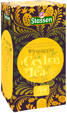 Pudełko pod kątem Stassen Pineapple Ceylon Tea – 25 kopertowanych saszetek.