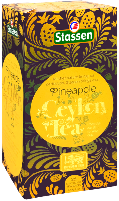 Pudełko pod kątem Stassen Pineapple Ceylon Tea – 25 kopertowanych saszetek.
