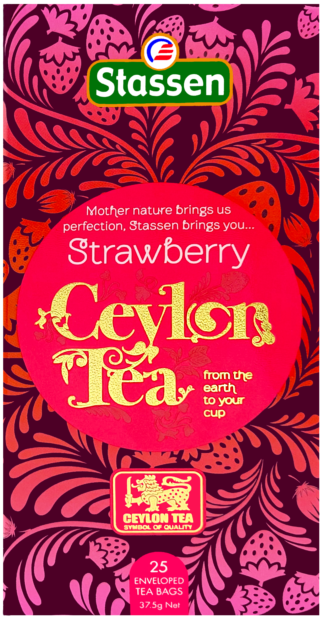 Front opakowania Stassen Strawberry Ceylon Tea – 25 kopertowanych saszetek.
