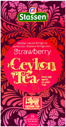 Front opakowania Stassen Strawberry Ceylon Tea – 25 kopertowanych saszetek.