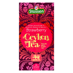 Front opakowania Stassen Strawberry Ceylon Tea – 25 kopertowanych saszetek.