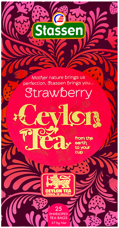 Front opakowania Stassen Strawberry Ceylon Tea – 25 kopertowanych saszetek.