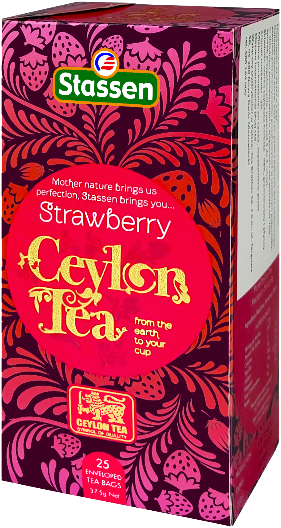 Boczny widok pudełka Stassen Strawberry Tea – aromatyzowana herbata czarna z truskawką.