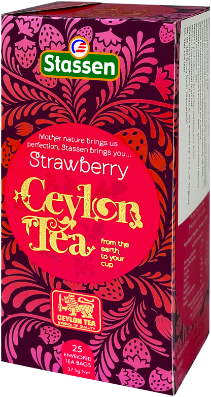 Boczny widok pudełka Stassen Strawberry Tea – aromatyzowana herbata czarna z truskawką.