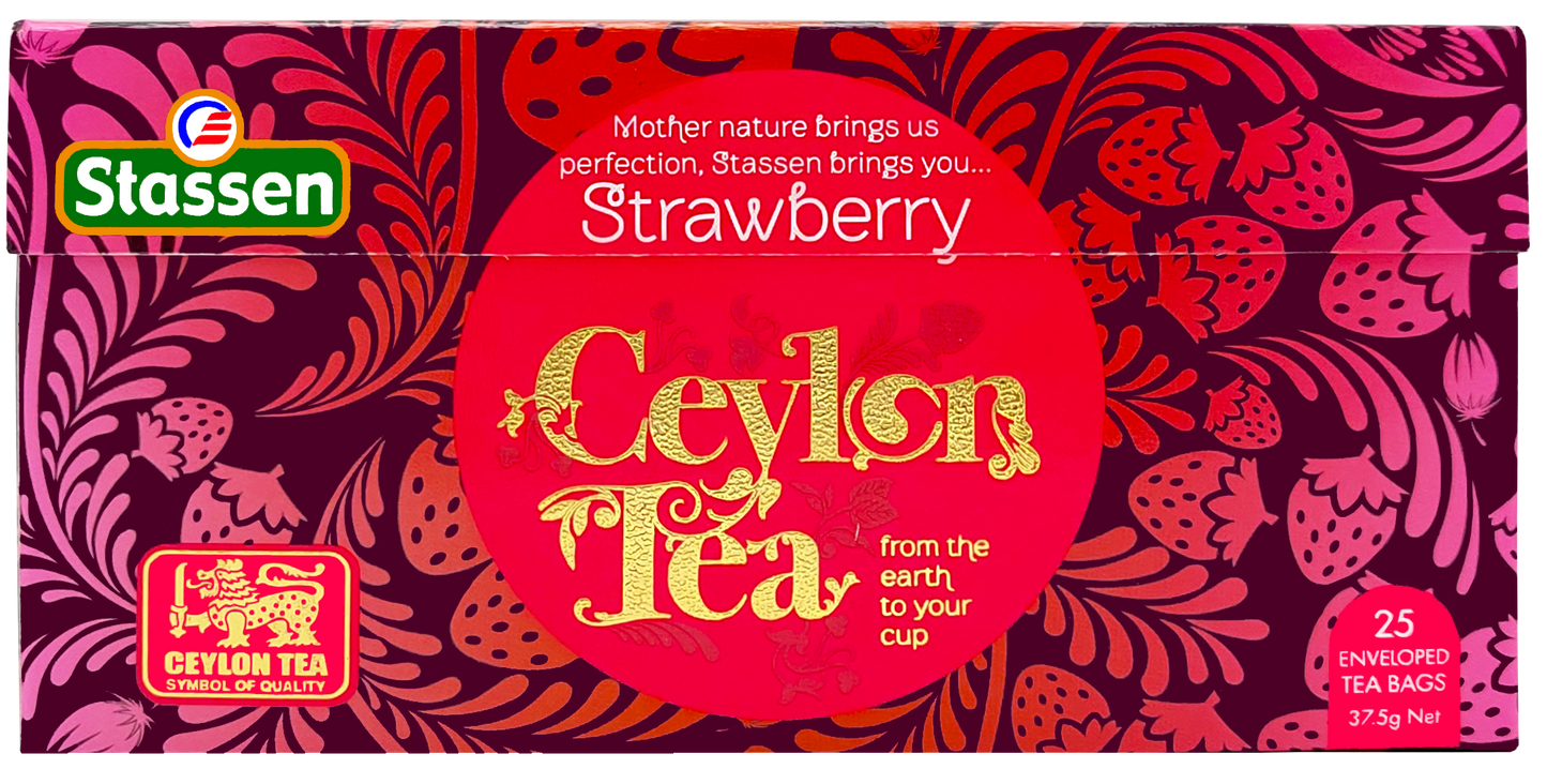 Rozłożone opakowanie Stassen Strawberry Tea – grafika truskawkowa, 25 torebek.