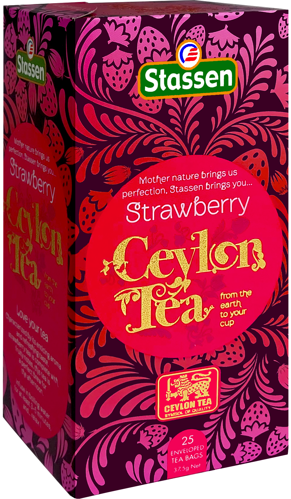 Pudełko pod kątem Stassen Strawberry Tea – owocowa herbata cejlońska w saszetkach.