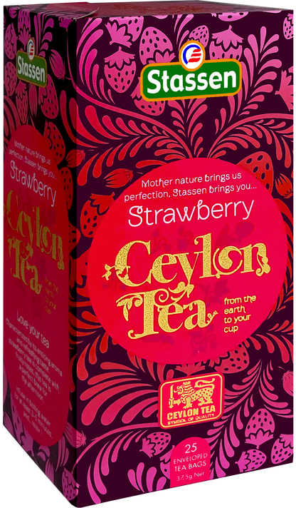 Pudełko pod kątem Stassen Strawberry Tea – owocowa herbata cejlońska w saszetkach.