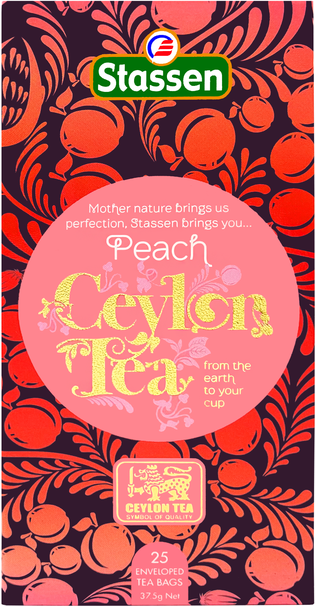 Front opakowania Stassen Peach Ceylon Tea – 25 kopertowanych saszetek.