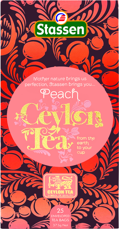 Front opakowania Stassen Peach Ceylon Tea – 25 kopertowanych saszetek.