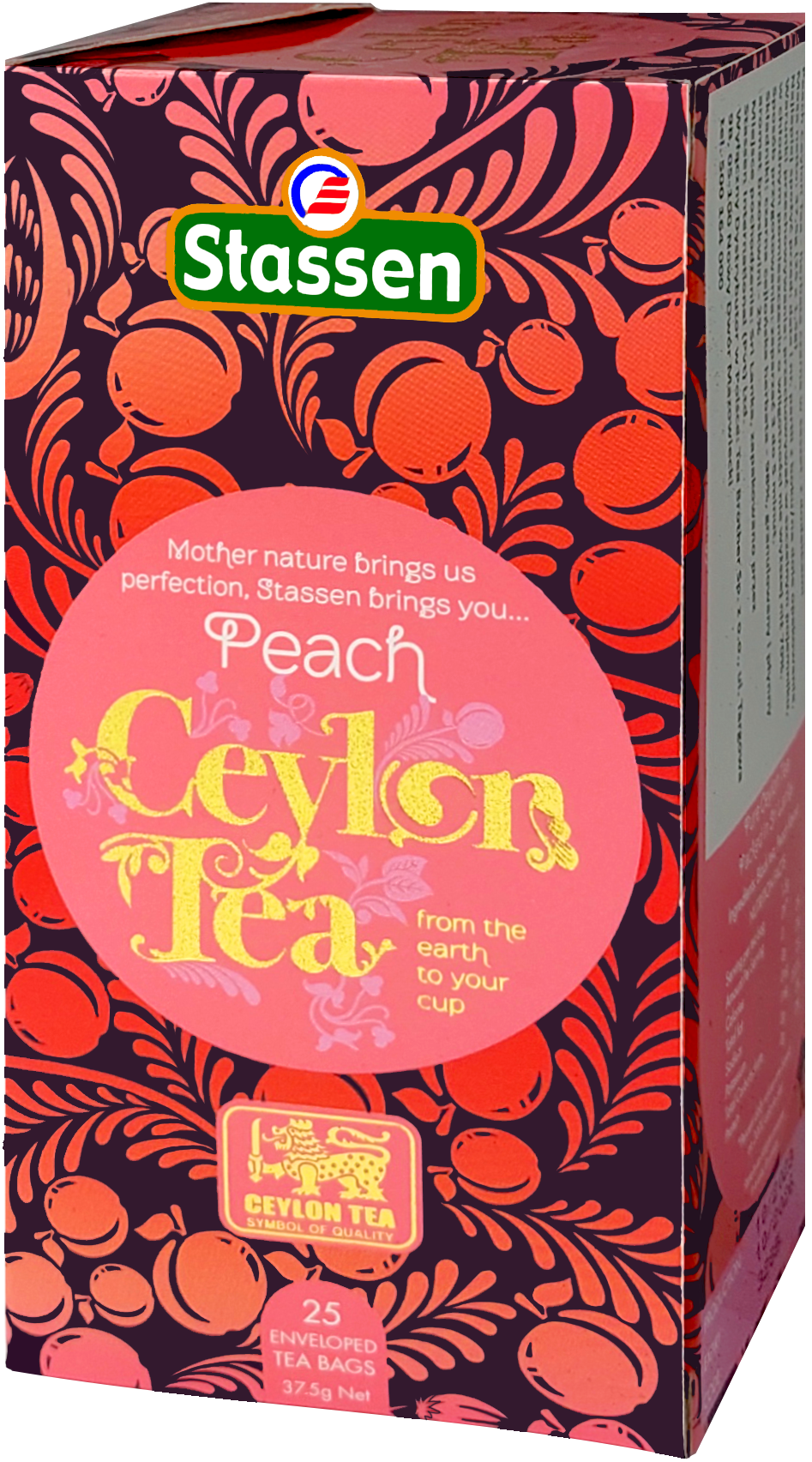 Boczny widok pudełka Stassen Peach Tea – aromatyzowana herbata czarna w torebkach.