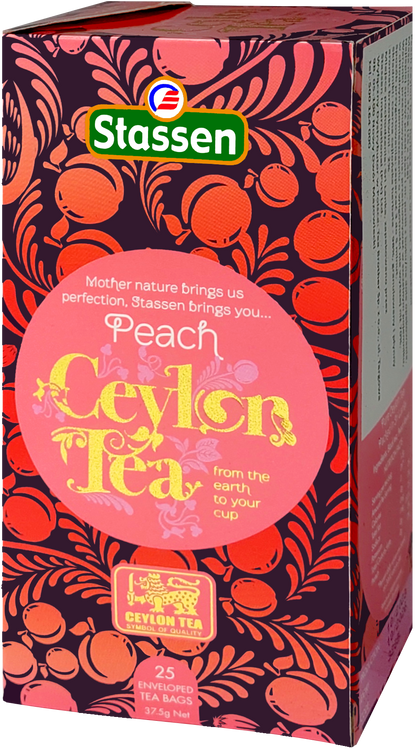 Boczny widok pudełka Stassen Peach Tea – aromatyzowana herbata czarna w torebkach.