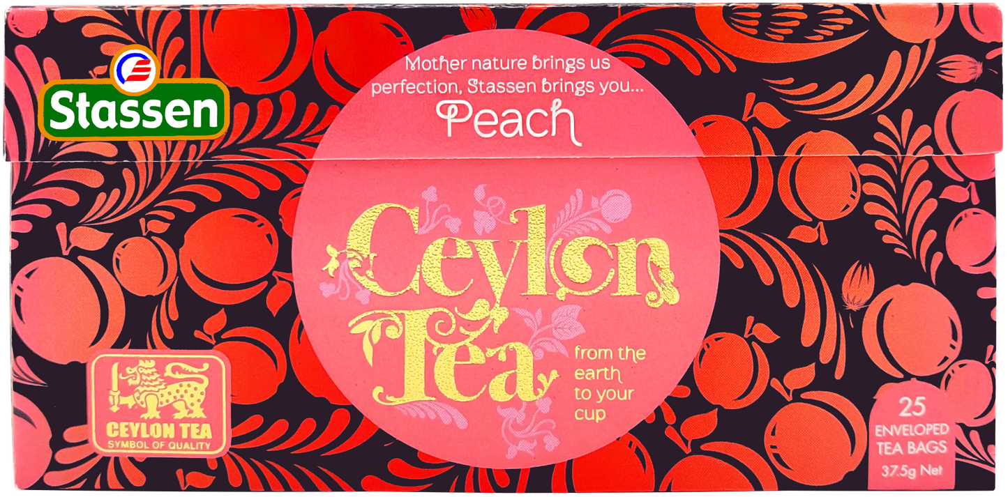 Rozłożone pudełko Stassen Peach Tea – grafika brzoskwini, 25 kopert.
