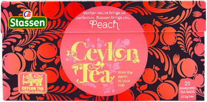 Rozłożone pudełko Stassen Peach Tea – grafika brzoskwini, 25 kopert.