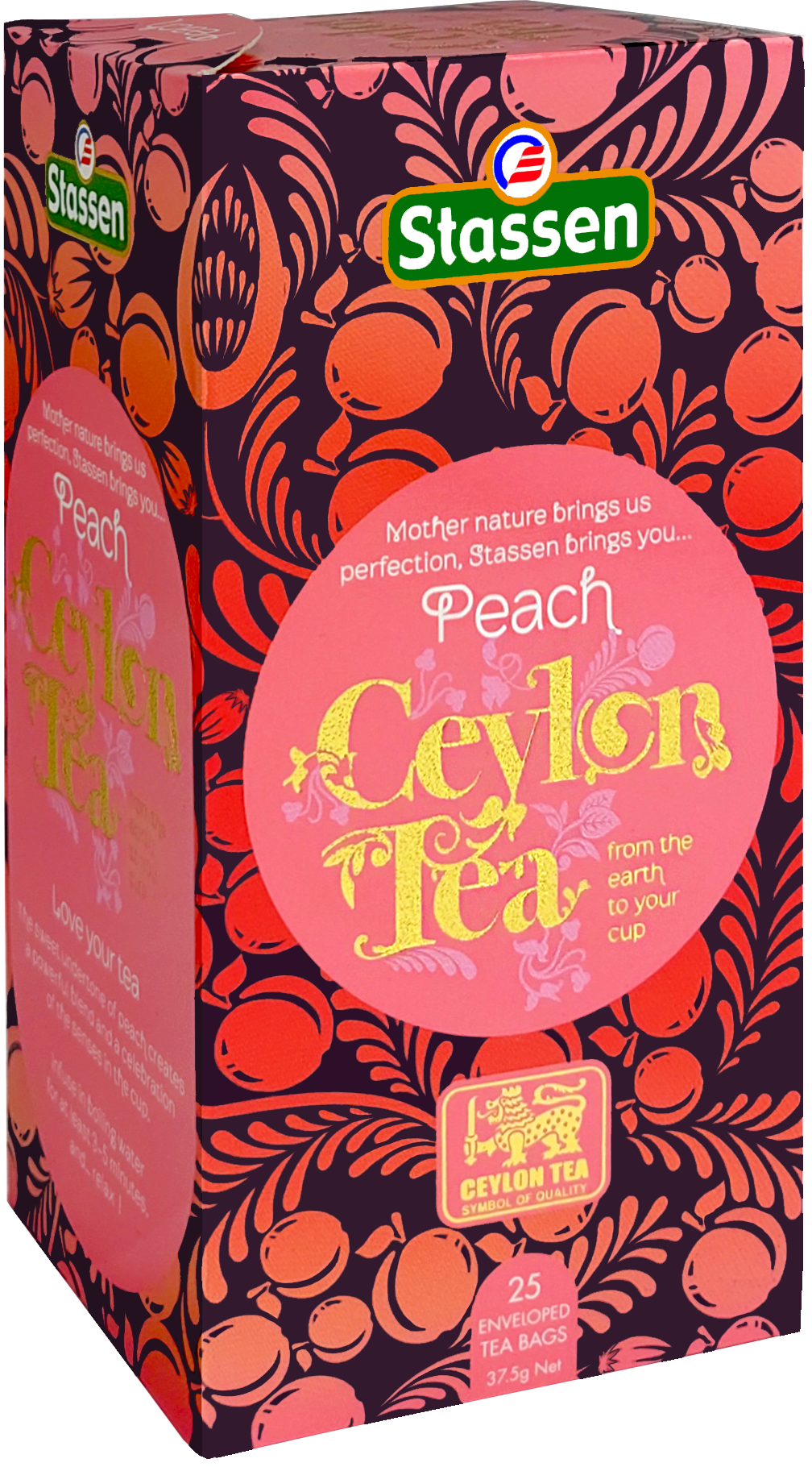 Pudełko pod kątem Stassen Peach Tea – herbata czarna z aromatem brzoskwini.