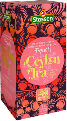 Pudełko pod kątem Stassen Peach Tea – herbata czarna z aromatem brzoskwini.