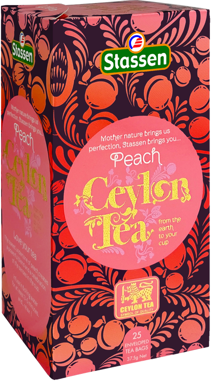 Pudełko pod kątem Stassen Peach Tea – herbata czarna z aromatem brzoskwini.