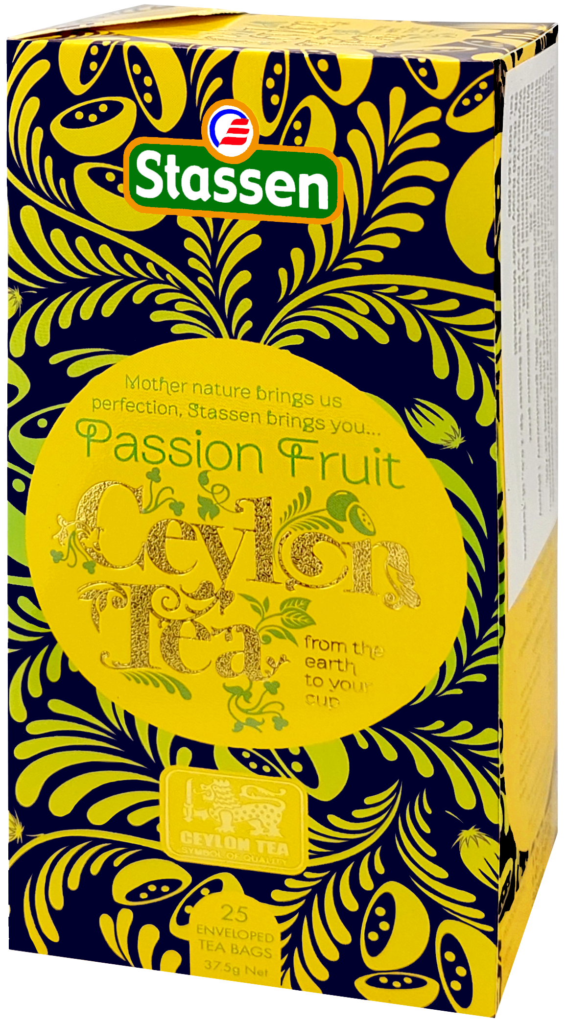 Opakowanie herbaty Stassen Passion Fruit – 25 kopert, czarna herbata cejlońska z marakują.