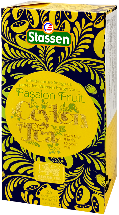 Opakowanie herbaty Stassen Passion Fruit – 25 kopert, czarna herbata cejlońska z marakują.