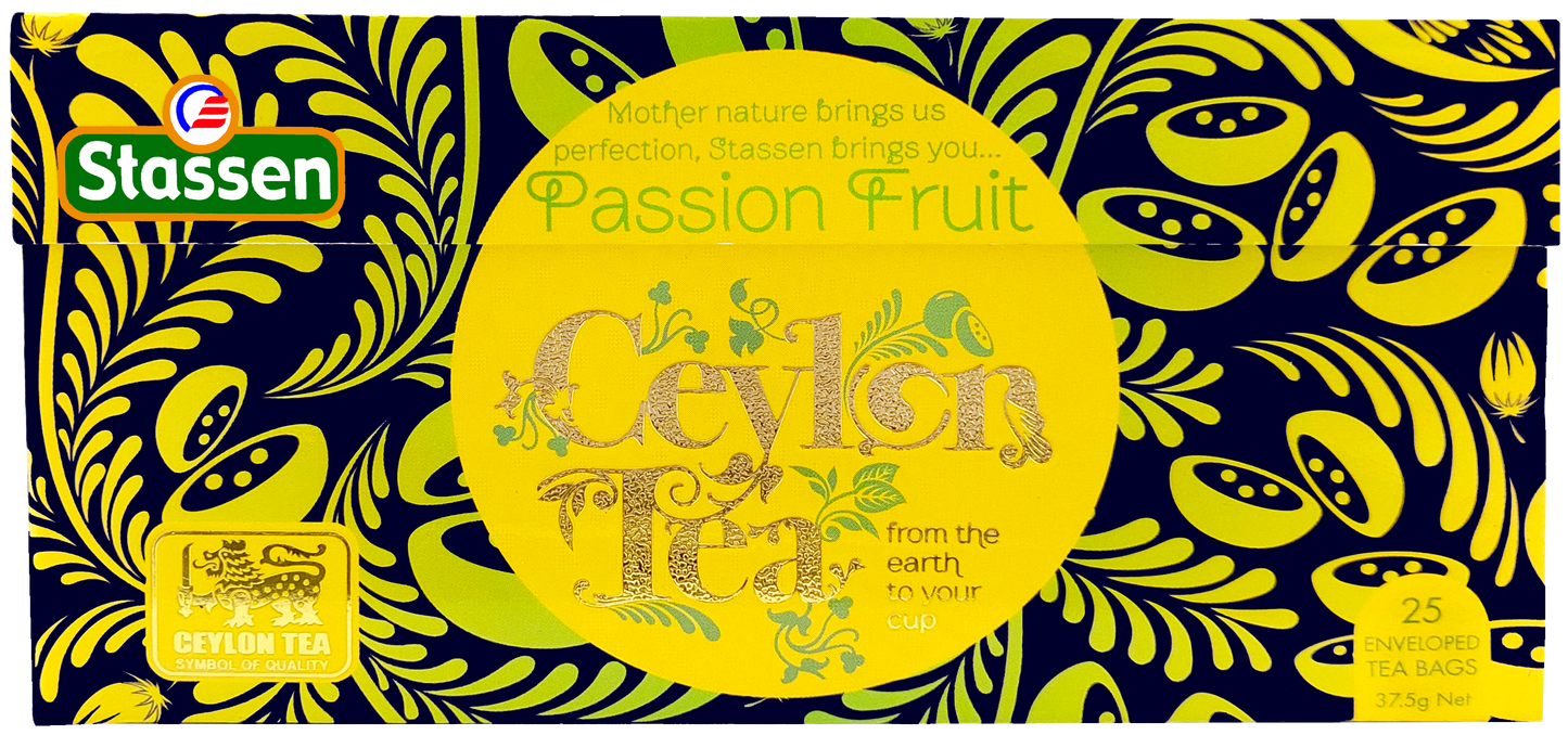 Rozłożone pudełko herbaty Stassen Passion Fruit – opakowanie zbiorcze z motywem owoców.