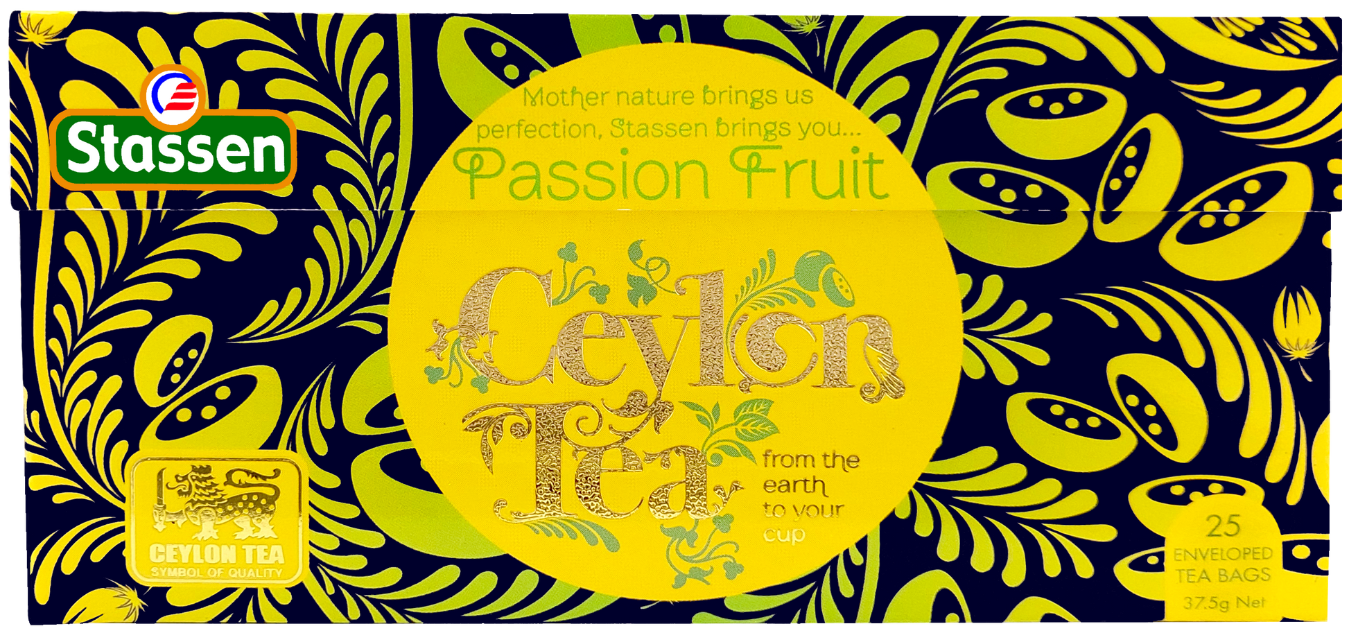 Rozłożone pudełko herbaty Stassen Passion Fruit – opakowanie zbiorcze z motywem owoców.