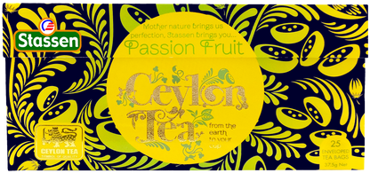 Rozłożone pudełko herbaty Stassen Passion Fruit – opakowanie zbiorcze z motywem owoców.