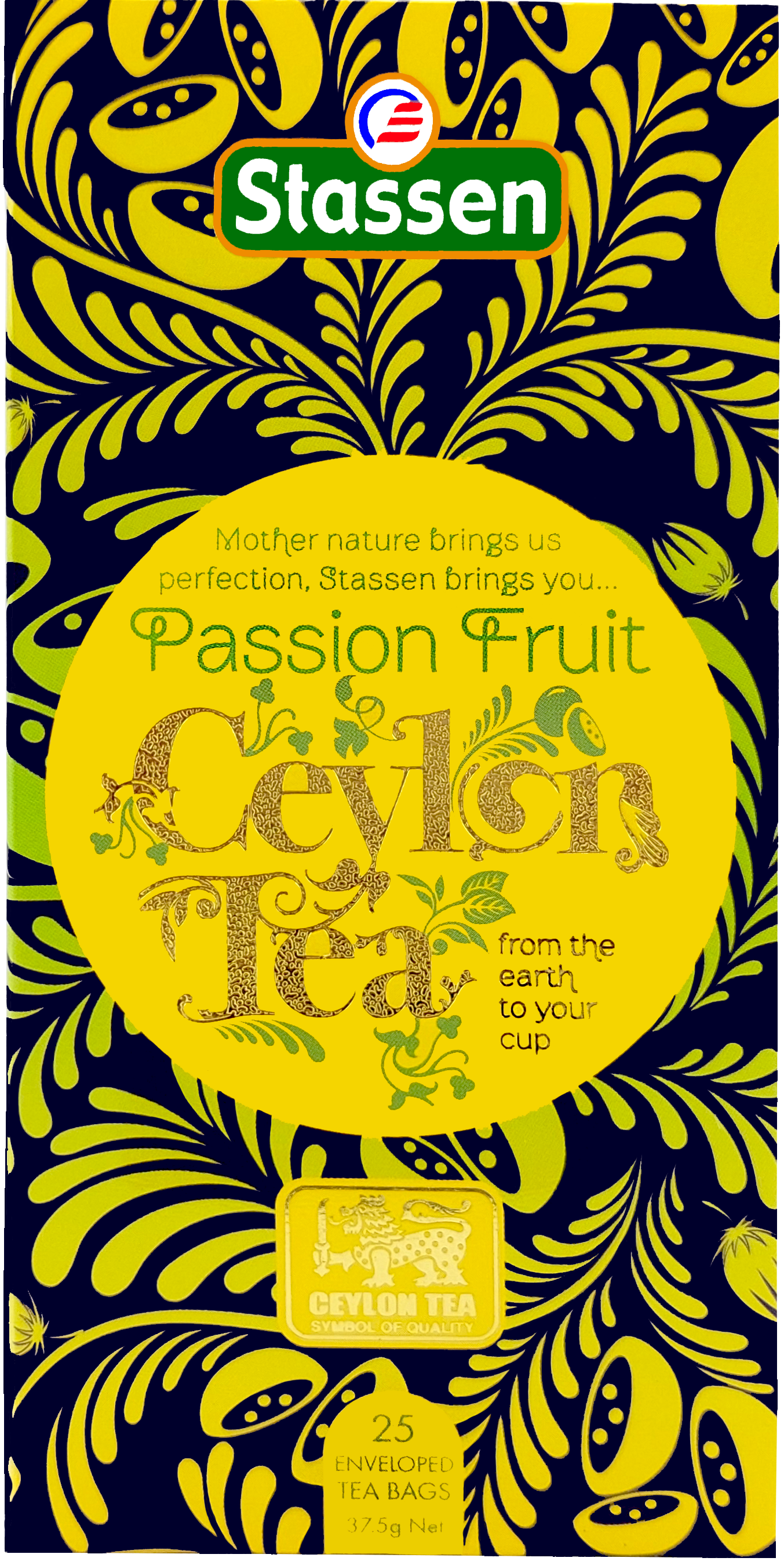 Torebka herbaty Stassen Passion Fruit Ceylon Tea w kopercie z żółtym nadrukiem – czarna herbata z marakują.