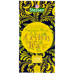 Torebka herbaty Stassen Passion Fruit Ceylon Tea w kopercie z żółtym nadrukiem – czarna herbata z marakują.